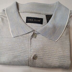 Vira Club 100% Italian Cotton Polo Golf Shirt Sz Large Blue Tan Striped‎ Collar